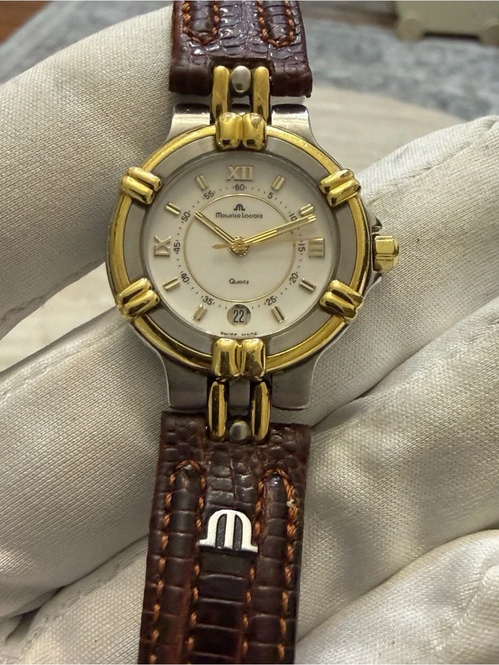 Maurice Lacroix Calypso 75344 Ladies Vintage Swiss Watch Two Tone Date Leather